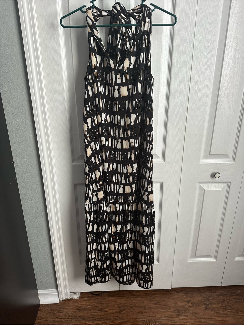 Banana Republic Black Dress with Cream and Brown Brushstroke Pattern